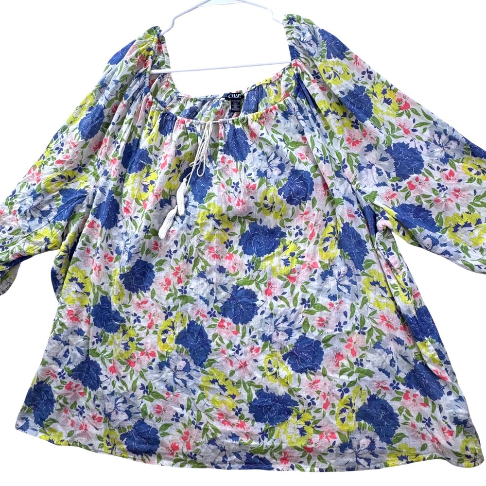 Chaps Denim Blouse Womens 3X Floral Cotton Peasant Top Boho Tassel Lightweight